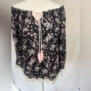 Floral Off-Shoulder Blouse, Black and Pink Floral,Lace Trim, V-Cut 3/4 Sleeve
